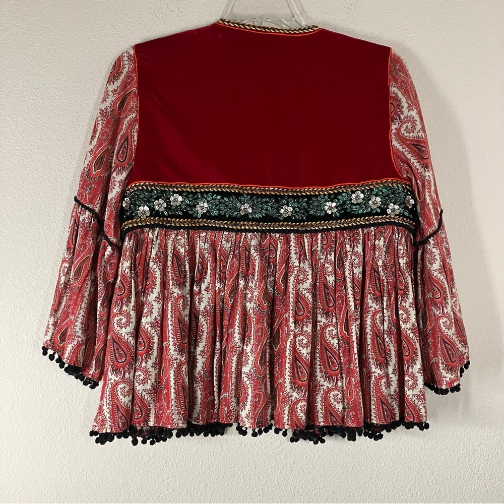 ZARA Paisley Velvet Embellished Boho Topper Jacket L Bell Sleeve Boho Maximalist - Picture 14 of 16